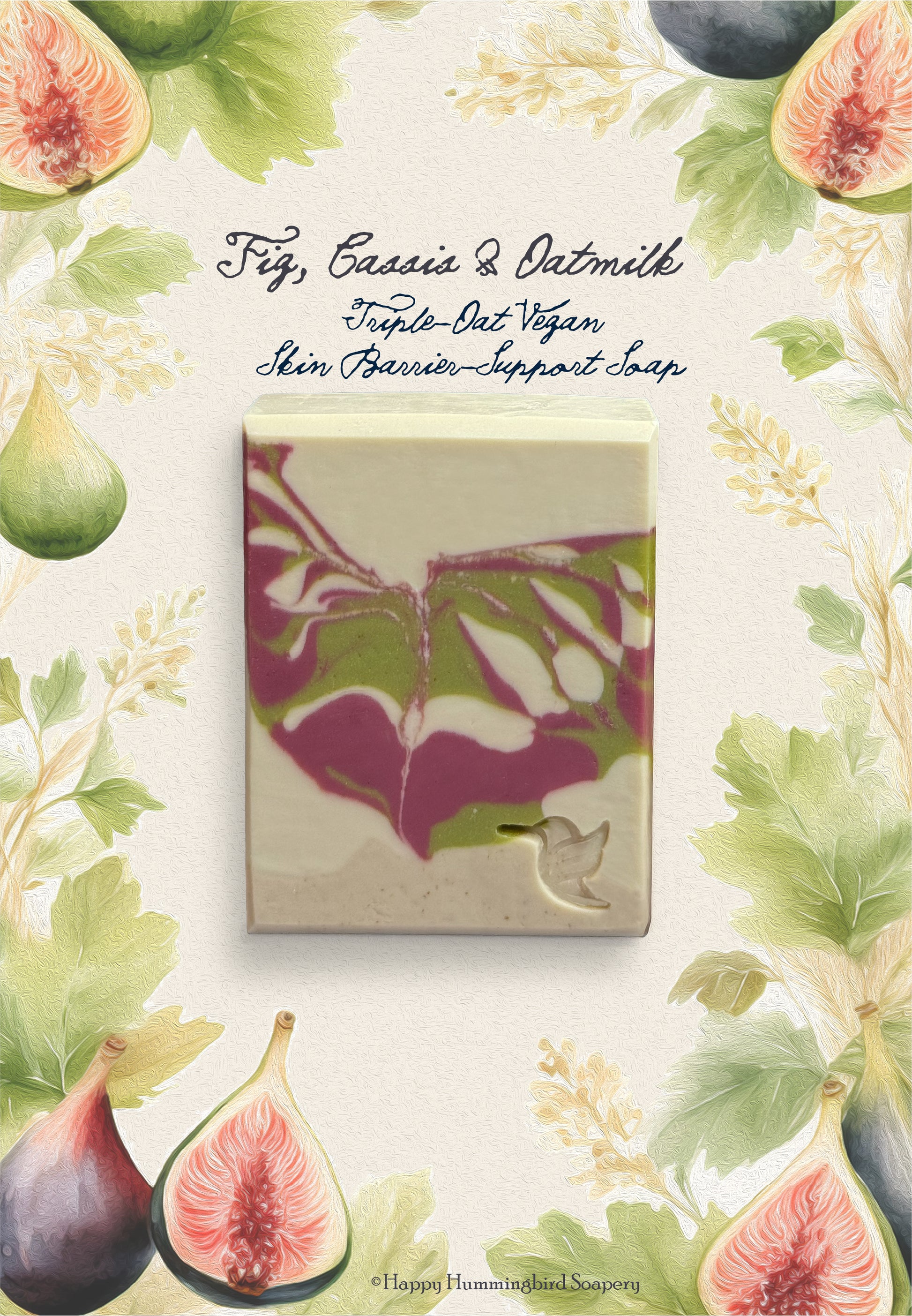 Fig, Cassis & Oatmilk soap bar handmade by Happy Hummingbird Soapery with green and pink swirl design on a botanical fig background.