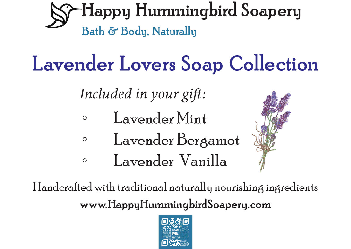 Lavender Lovers Soap Collection information card showing included soaps: Lavender Mint, Lavender Bergamot, and Lavender Vanilla — Happy Hummingbird Soapery.