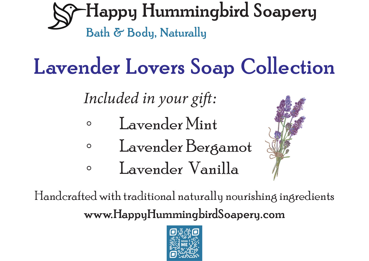 Lavender Lovers Soap Collection information card showing included soaps: Lavender Mint, Lavender Bergamot, and Lavender Vanilla — Happy Hummingbird Soapery.