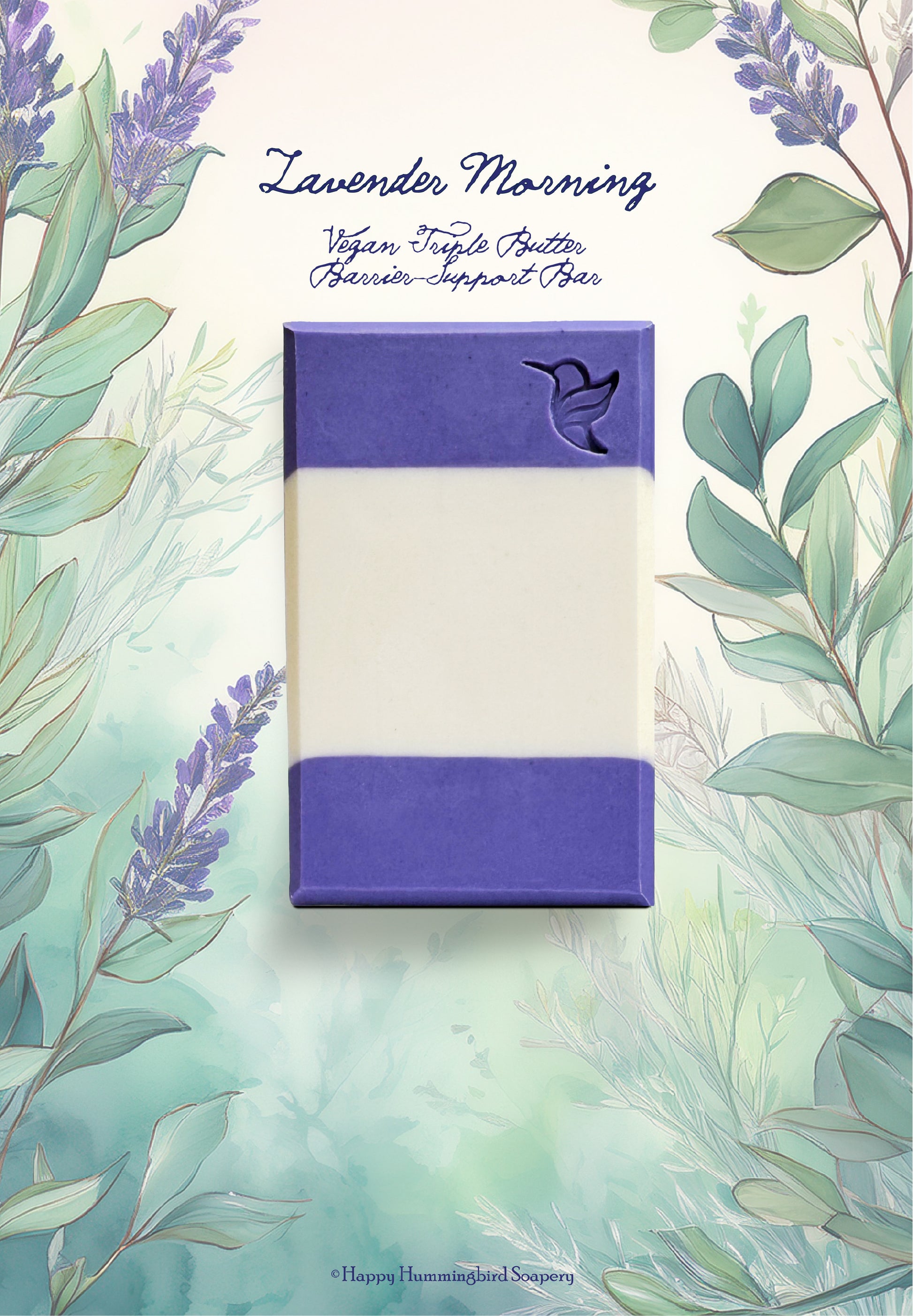 Handcrafted Lavender Morning vegan soap bar by Happy Hummingbird Soapery with a cream center and violet layers, set against a botanical lavender background.