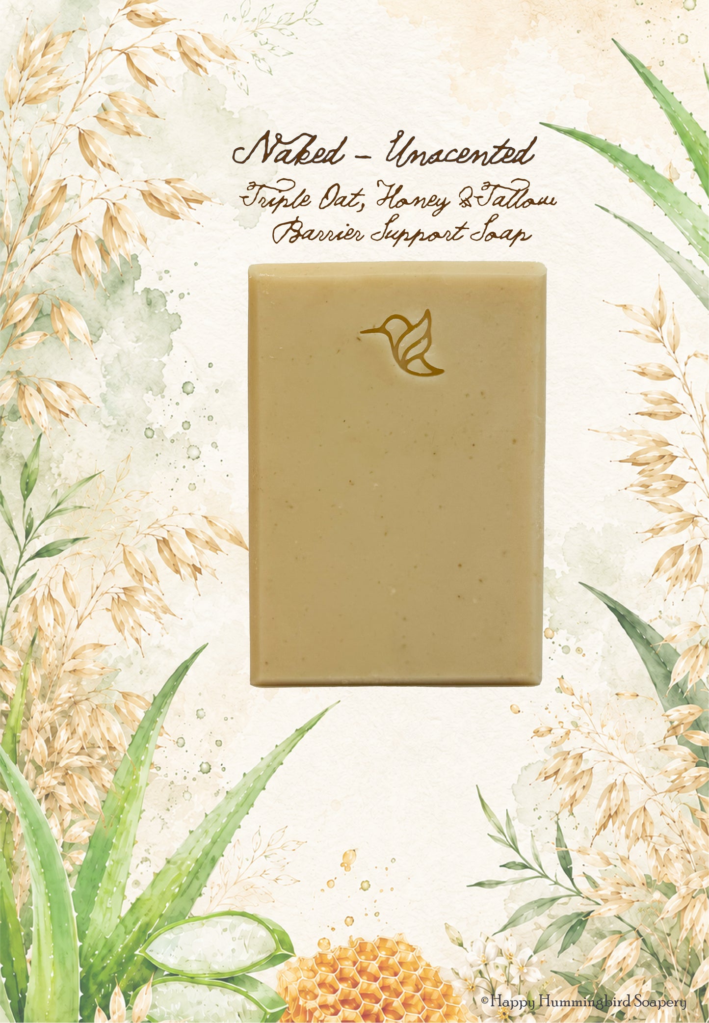 A bar of Naked unscented fragrance-free soap made with grass-fed tallow, raw Maryland honey, oat milk, and plant butters & Oils, displayed on a botanical watercolor background.