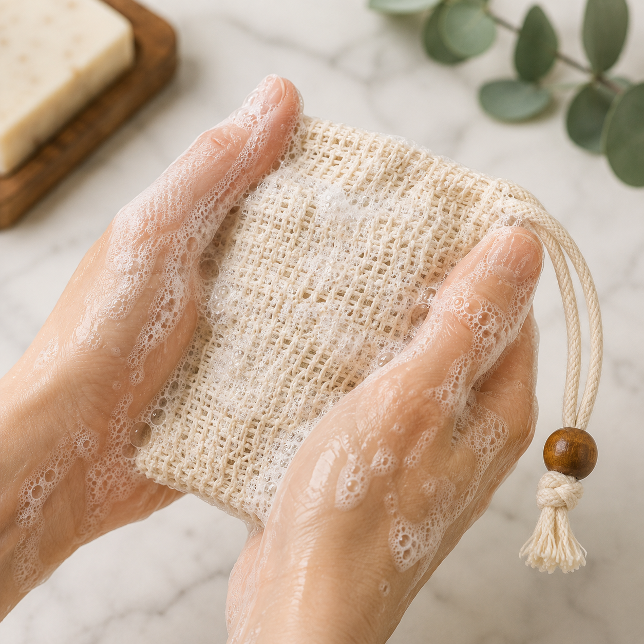 Lathered natural cotton soap saver pouch held in hands showing rich soap suds and wood bead drawstring.