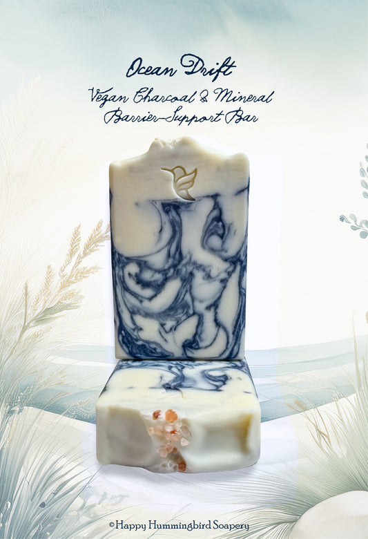 Ocean Drift Charcoal Mineral soap bar by Happy Hummingbird Soapery featuring a monochrome Breccia marble design with a natural mineral salt topping.
