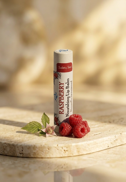 A tube of Raspberry Nourishing Lip Balm in plant-based packaging, featuring a fresh raspberry design.