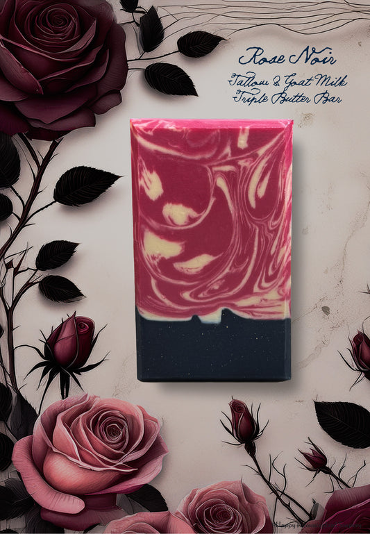 Rose Noir by Happy Hummingbird Soapery: A single rectangular soap bar with deep red and black marble swirls against a vintage floral paper background.